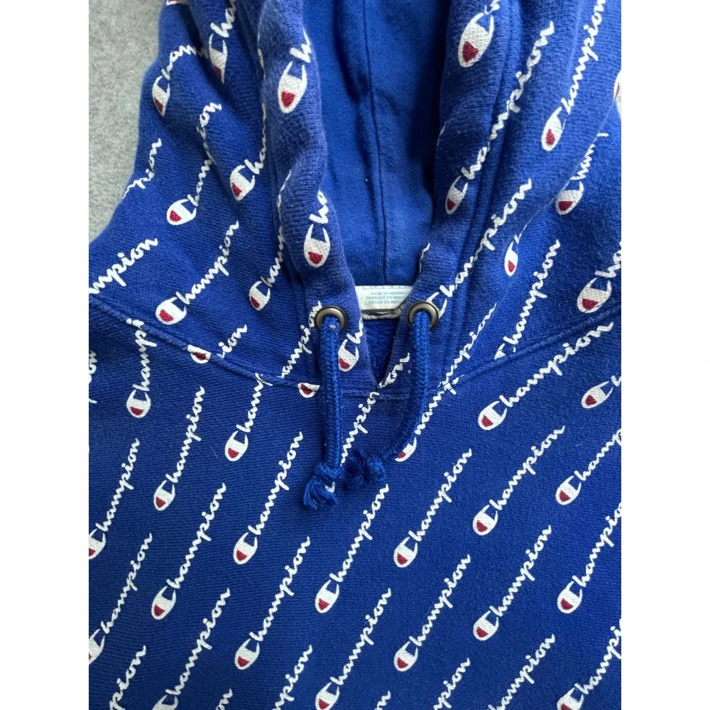 Champion Reverse Weave Hoodie Royal Blue All Over Script Logo Print Mens Large